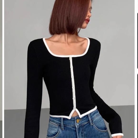 Square Neck Contrast Trim Long Sleeve Knit Shirt - Picture 4 of 5